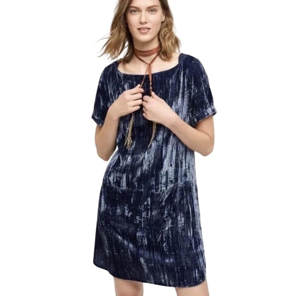 Anthropologie Floreat Dress XS Shift Blue Crushed Velvet Mini Short Sleeve Luxe